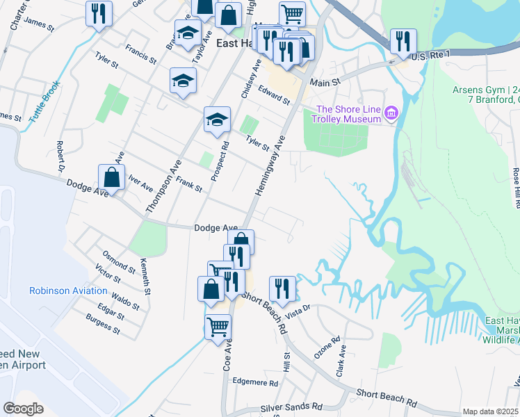 map of restaurants, bars, coffee shops, grocery stores, and more near 99 Hemingway Avenue in East Haven