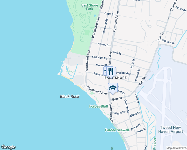 map of restaurants, bars, coffee shops, grocery stores, and more near 35 Pope Street in New Haven