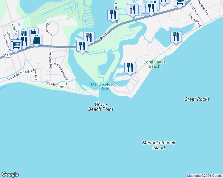 map of restaurants, bars, coffee shops, grocery stores, and more near 60 Captains Drive in Westbrook