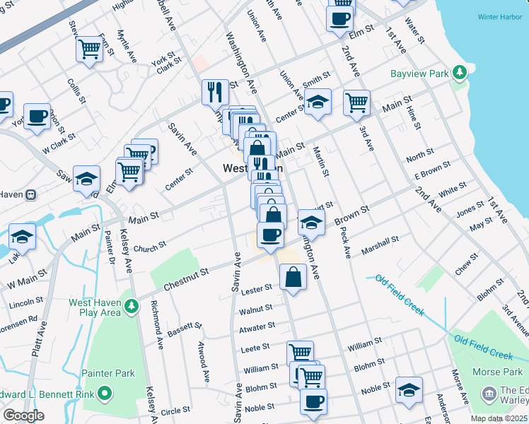 map of restaurants, bars, coffee shops, grocery stores, and more near 68 New Street in West Haven