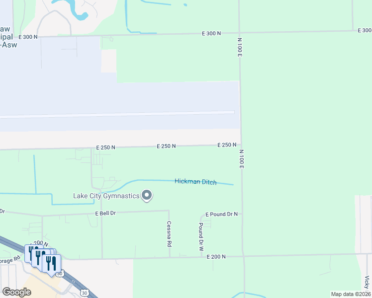 map of restaurants, bars, coffee shops, grocery stores, and more near 767 East 250 North in Warsaw