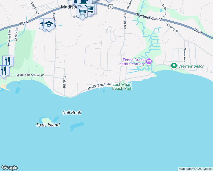 map of restaurants, bars, coffee shops, grocery stores, and more near 98 Middle Beach Road in Madison