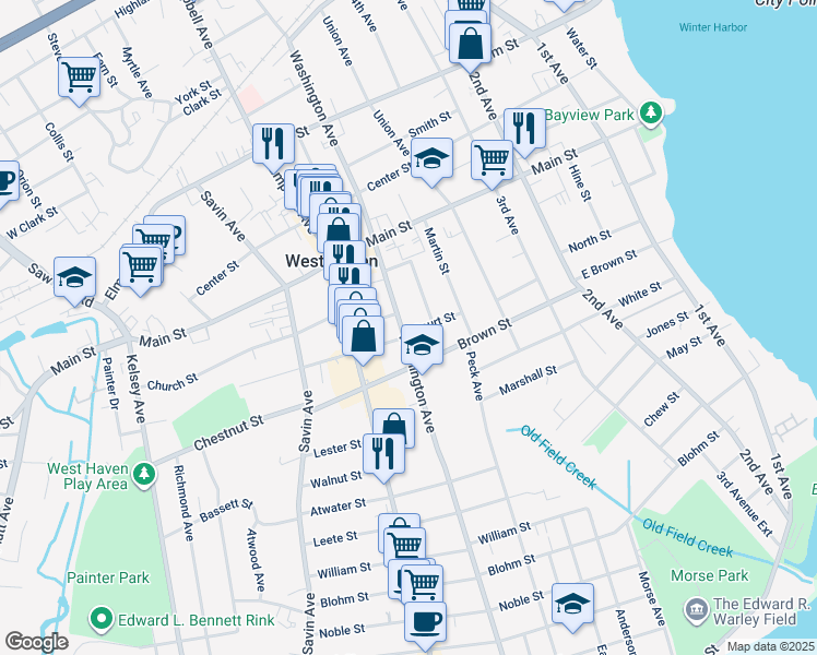map of restaurants, bars, coffee shops, grocery stores, and more near in West Haven