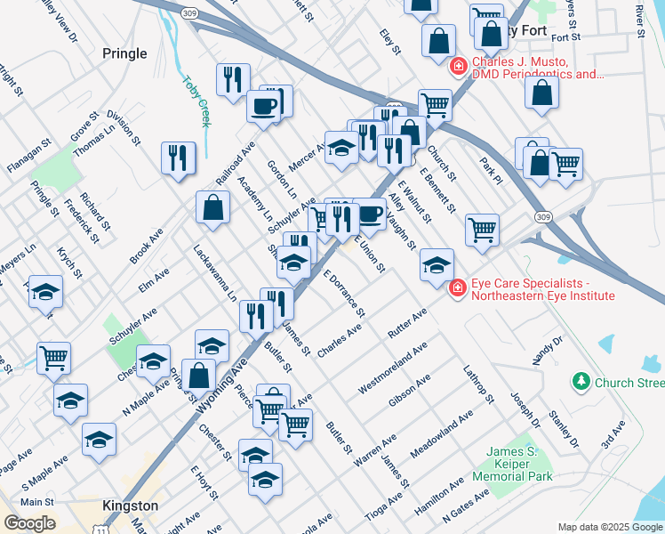 map of restaurants, bars, coffee shops, grocery stores, and more near 647 Wyoming Avenue in Kingston