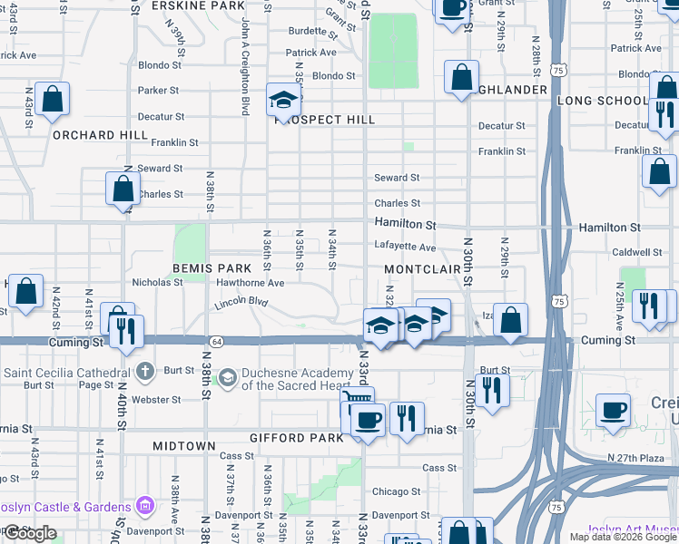 map of restaurants, bars, coffee shops, grocery stores, and more near 3320 Myrtle Avenue in Omaha