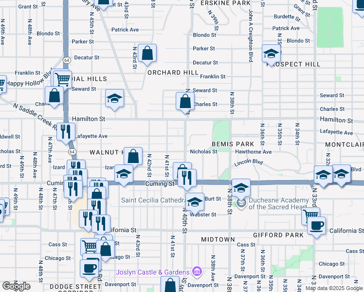 map of restaurants, bars, coffee shops, grocery stores, and more near 1302 North 40th Street in Omaha