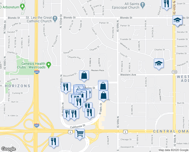 map of restaurants, bars, coffee shops, grocery stores, and more near 9780 Western Plaza in Omaha