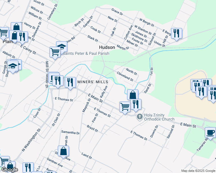 map of restaurants, bars, coffee shops, grocery stores, and more near 63 Kelly Avenue in Wilkes-Barre