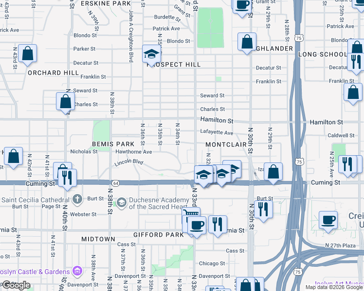 map of restaurants, bars, coffee shops, grocery stores, and more near 3320 Myrtle Avenue in Omaha