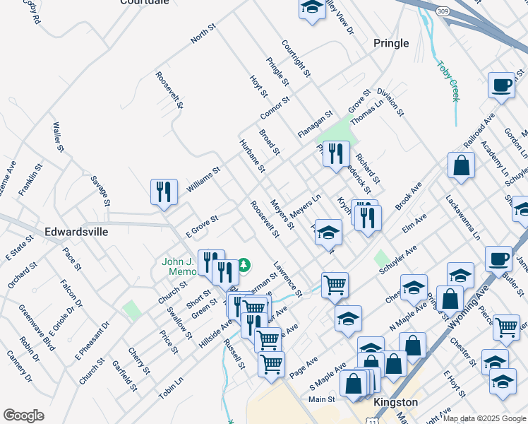map of restaurants, bars, coffee shops, grocery stores, and more near 181 Roosevelt Street in Edwardsville
