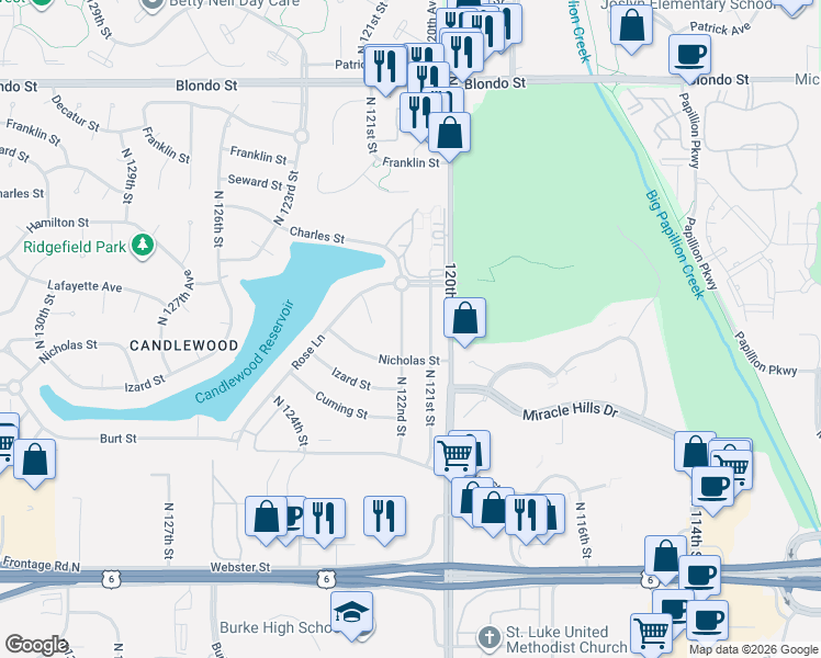 map of restaurants, bars, coffee shops, grocery stores, and more near 1215 North 122nd Street in Omaha