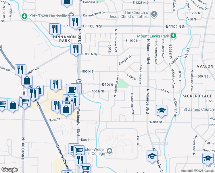 map of restaurants, bars, coffee shops, grocery stores, and more near 555 East 700 North in Ogden
