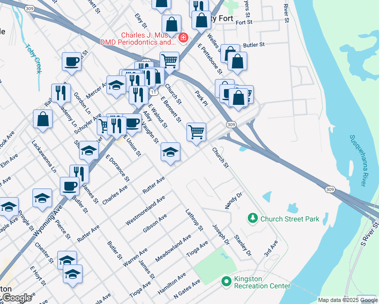 map of restaurants, bars, coffee shops, grocery stores, and more near 146 East Walnut Street in Kingston