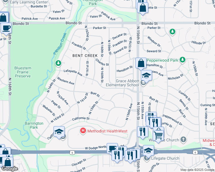 map of restaurants, bars, coffee shops, grocery stores, and more near 1205 North 159th Street in Omaha