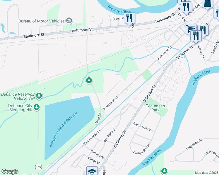 map of restaurants, bars, coffee shops, grocery stores, and more near 1484 Lee Ann Drive in Defiance