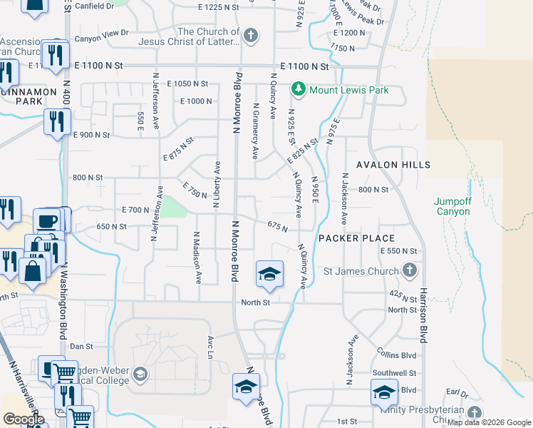 map of restaurants, bars, coffee shops, grocery stores, and more near 879 East 760 North in Ogden
