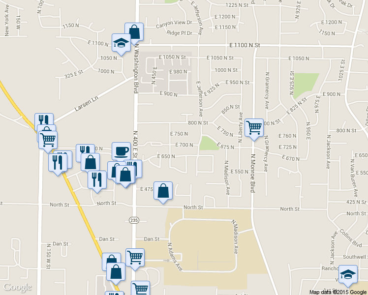 map of restaurants, bars, coffee shops, grocery stores, and more near 584 East 700 North in Ogden