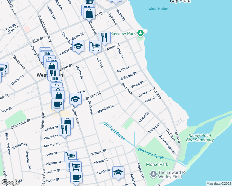 map of restaurants, bars, coffee shops, grocery stores, and more near 12 Brown Street in West Haven