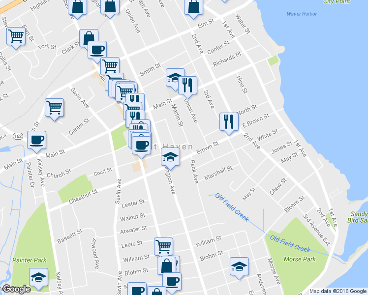 map of restaurants, bars, coffee shops, grocery stores, and more near 1 Court Street in West Haven