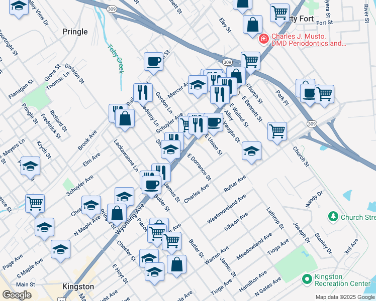 map of restaurants, bars, coffee shops, grocery stores, and more near 10 West Dorrance Street in Kingston