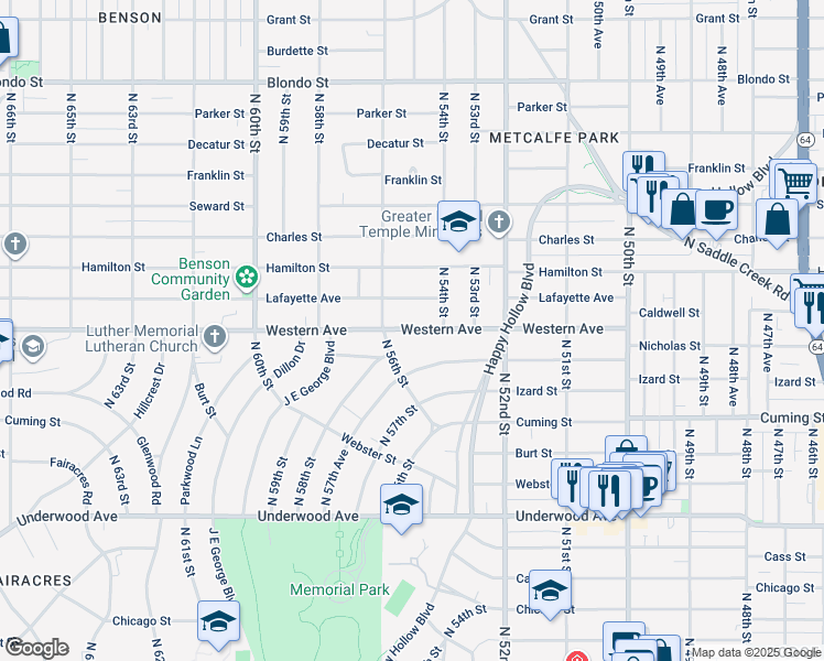 map of restaurants, bars, coffee shops, grocery stores, and more near 5422 Western Avenue in Omaha