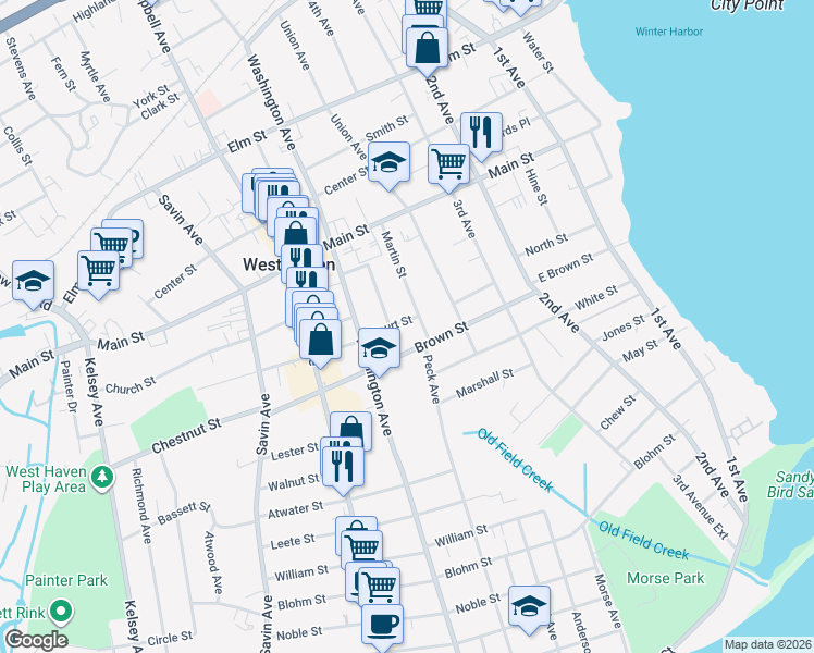 map of restaurants, bars, coffee shops, grocery stores, and more near 1 Court Street in West Haven
