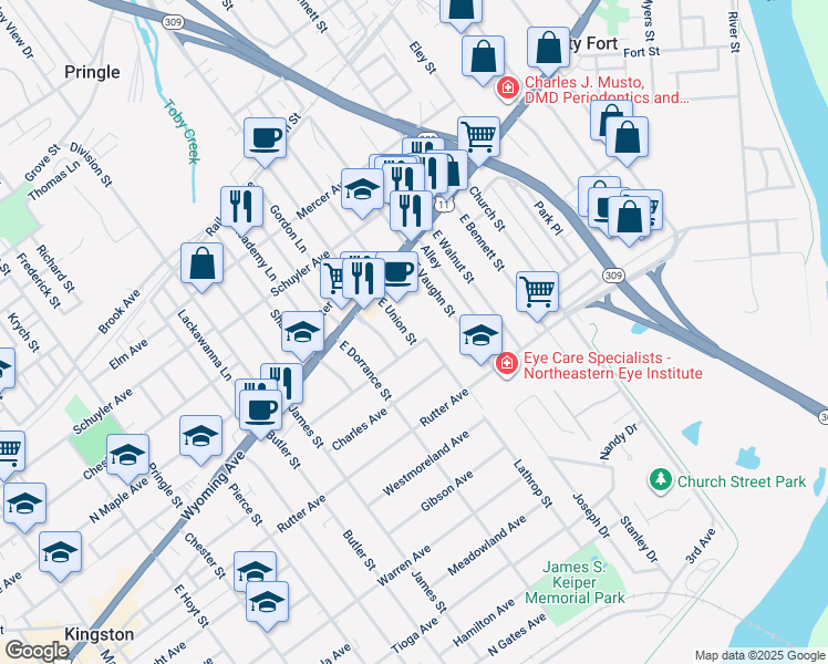 map of restaurants, bars, coffee shops, grocery stores, and more near 26 East Union Street in Kingston