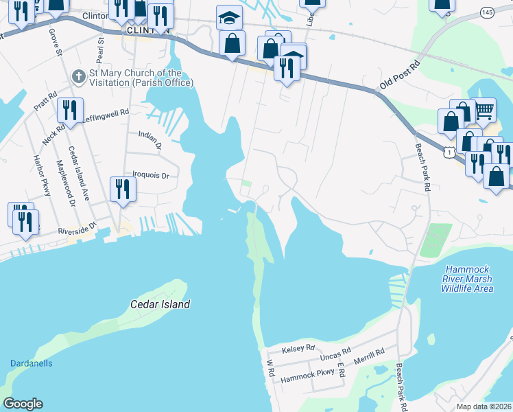map of restaurants, bars, coffee shops, grocery stores, and more near 98 Waterside Ln in Clinton