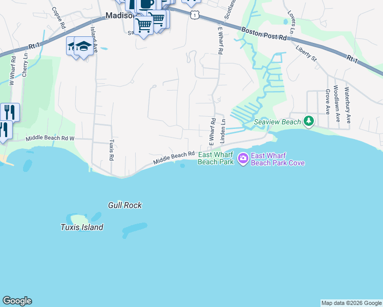 map of restaurants, bars, coffee shops, grocery stores, and more near 95 Middle Beach Road in Madison