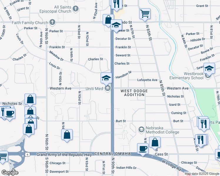 map of restaurants, bars, coffee shops, grocery stores, and more near 9030 Western Avenue in Omaha