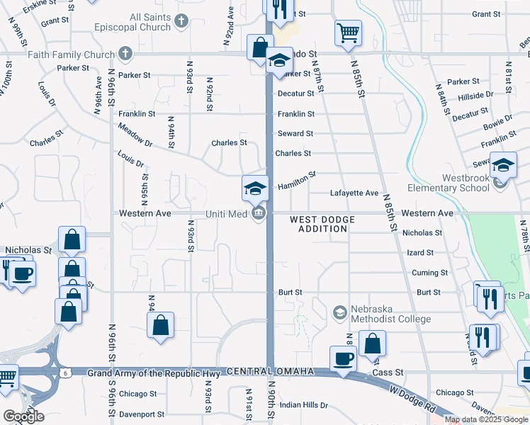 map of restaurants, bars, coffee shops, grocery stores, and more near 9030 Western Avenue in Omaha