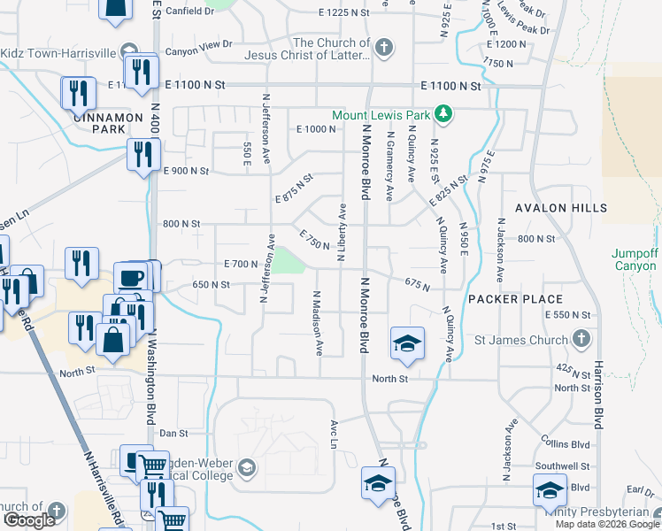 map of restaurants, bars, coffee shops, grocery stores, and more near 705 East 750 North in Ogden