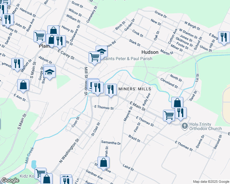 map of restaurants, bars, coffee shops, grocery stores, and more near 12 Dillon Street in Wilkes-Barre