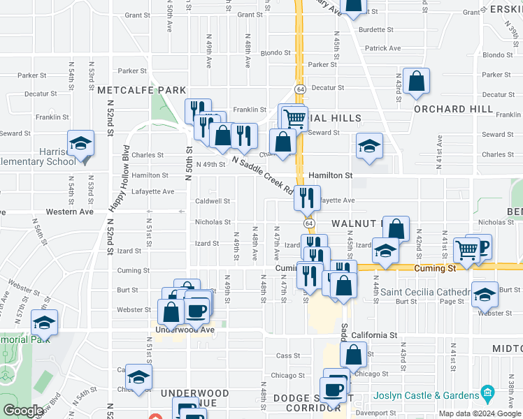 map of restaurants, bars, coffee shops, grocery stores, and more near 1112 North 48th Avenue in Omaha
