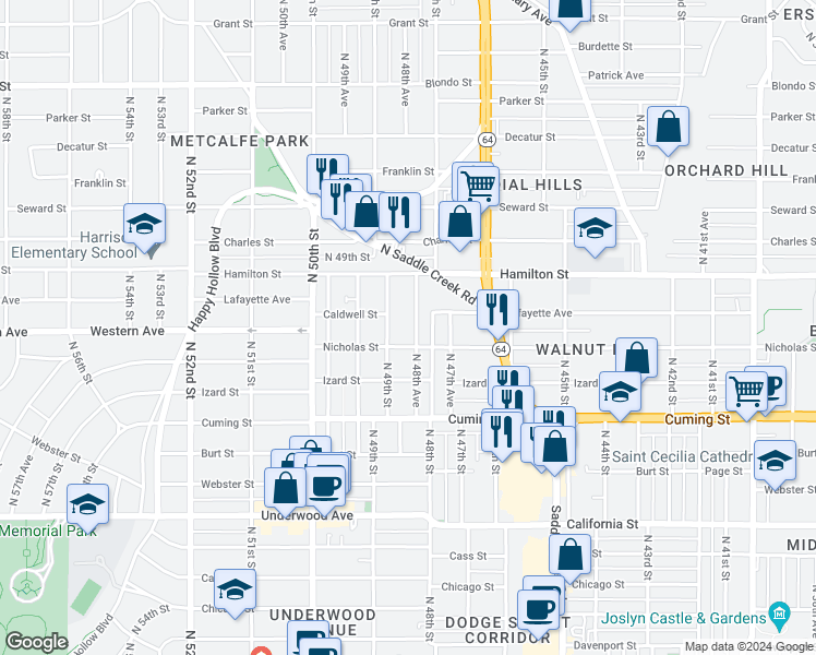 map of restaurants, bars, coffee shops, grocery stores, and more near 1112 North 48th Avenue in Omaha