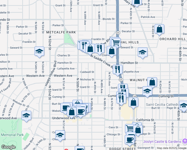map of restaurants, bars, coffee shops, grocery stores, and more near 1205 North 49th Avenue in Omaha