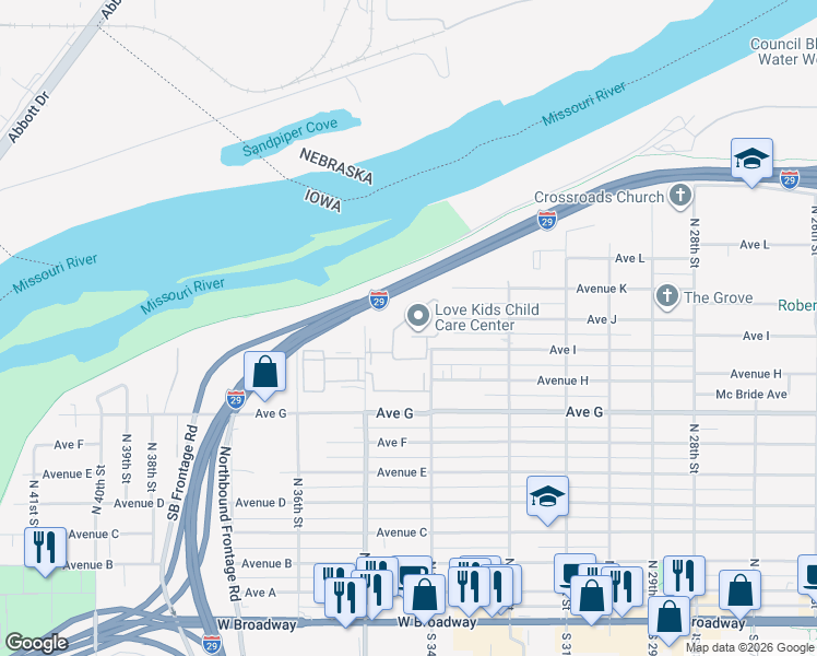 map of restaurants, bars, coffee shops, grocery stores, and more near 901 North 35th Street in Council Bluffs