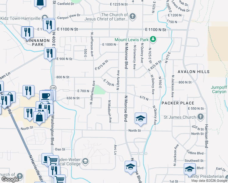 map of restaurants, bars, coffee shops, grocery stores, and more near 705 East 750 North in Ogden