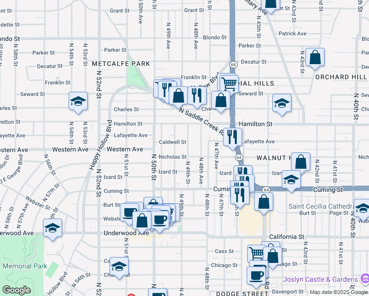 map of restaurants, bars, coffee shops, grocery stores, and more near 1205 North 49th Avenue in Omaha