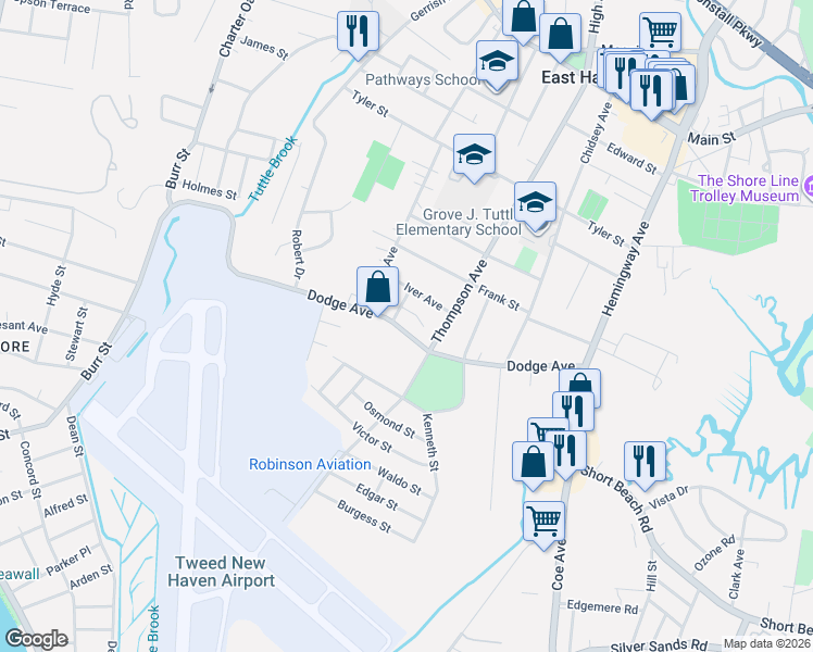 map of restaurants, bars, coffee shops, grocery stores, and more near 11 Carlson Place in East Haven