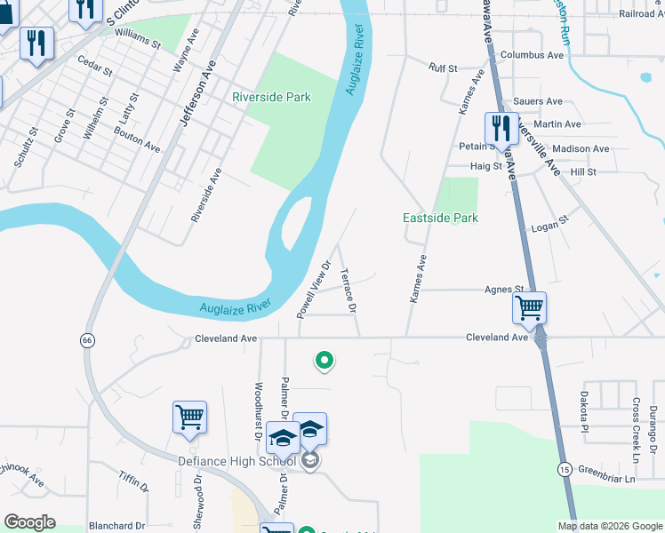 map of restaurants, bars, coffee shops, grocery stores, and more near 1205 Powell View Drive in Defiance