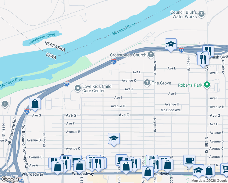 map of restaurants, bars, coffee shops, grocery stores, and more near 3120 Avenue J in Council Bluffs