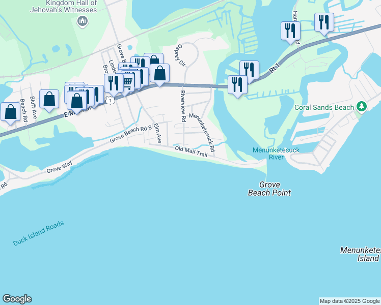 map of restaurants, bars, coffee shops, grocery stores, and more near 38 Old Mail Trail in Westbrook