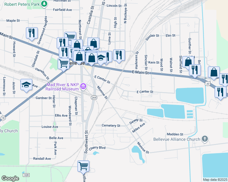 map of restaurants, bars, coffee shops, grocery stores, and more near 213 South Buckeye Street in Bellevue