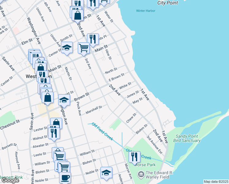 map of restaurants, bars, coffee shops, grocery stores, and more near 327 2nd Avenue in West Haven