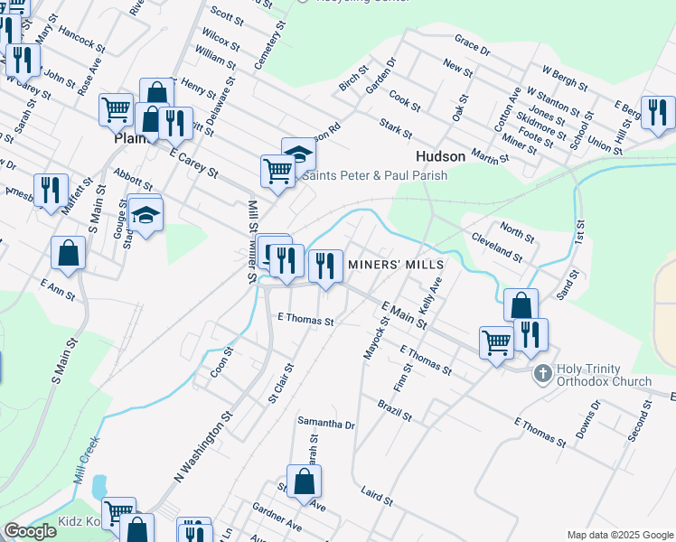 map of restaurants, bars, coffee shops, grocery stores, and more near 12 Dillon Street in Wilkes-Barre