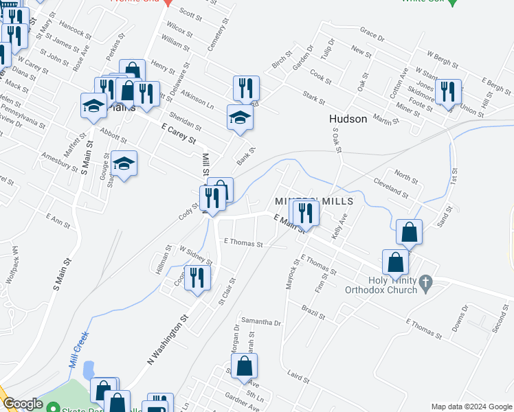 map of restaurants, bars, coffee shops, grocery stores, and more near 12 Dillon Street in Wilkes-Barre