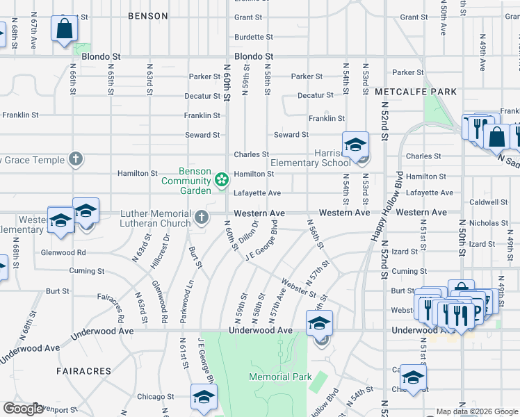 map of restaurants, bars, coffee shops, grocery stores, and more near 5809 Lafayette Avenue in Omaha