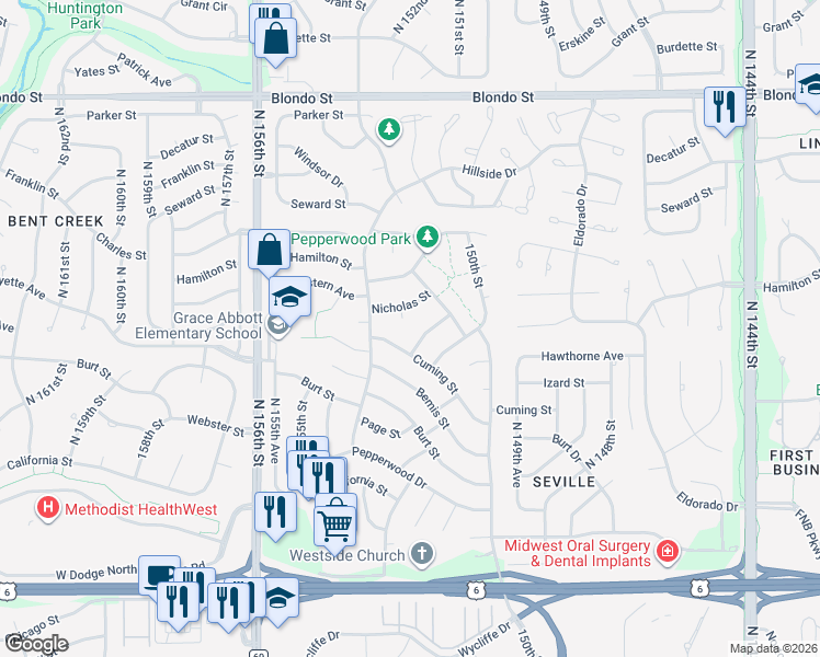 map of restaurants, bars, coffee shops, grocery stores, and more near 1130 North 153rd Avenue in Omaha