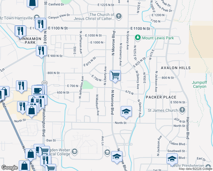 map of restaurants, bars, coffee shops, grocery stores, and more near 736 North Liberty Avenue in Ogden